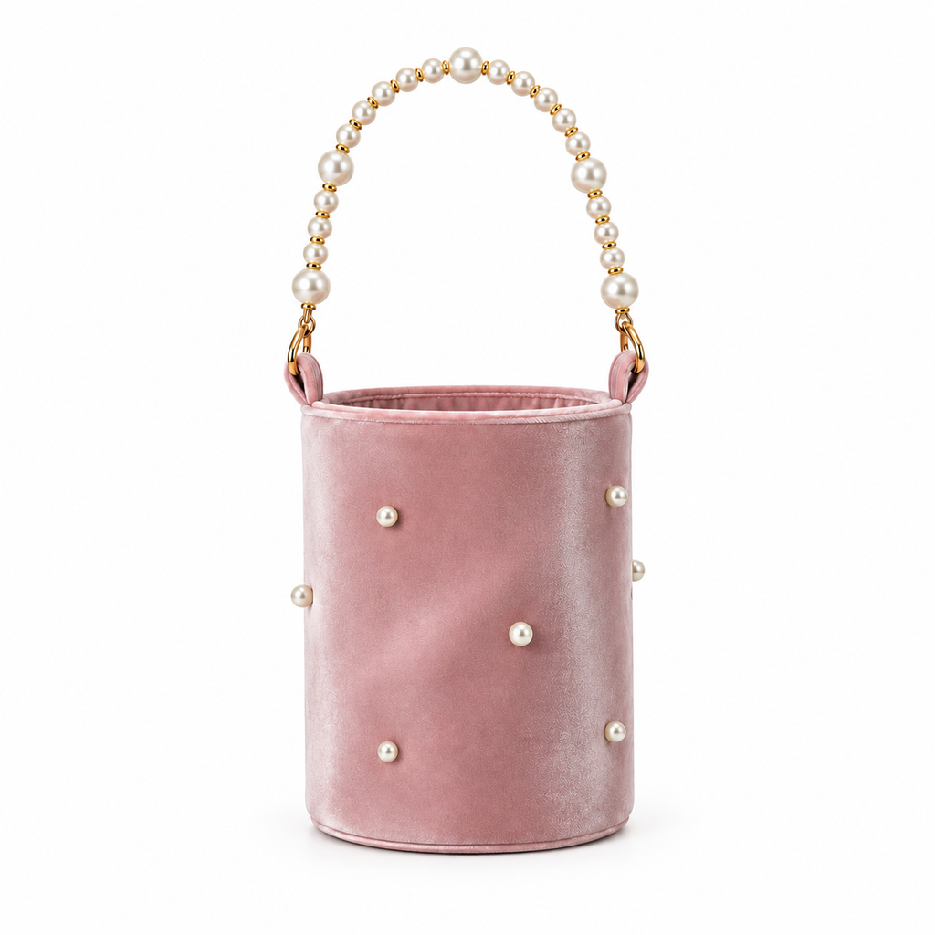 Blush Pink Velvet Bucket Bag with Pearl Handle & Shoulder Strap