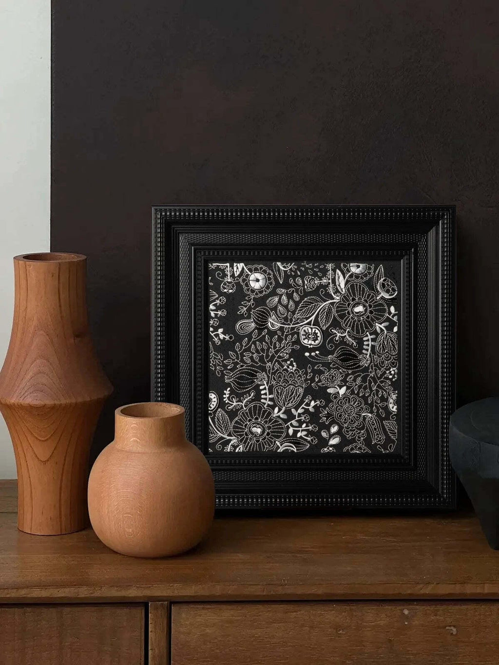 Set of 4 Modern Floral Embroidery Art, Black & White Wall Decor, Framed Textile Set, Contemporary Art, Minimalist Design