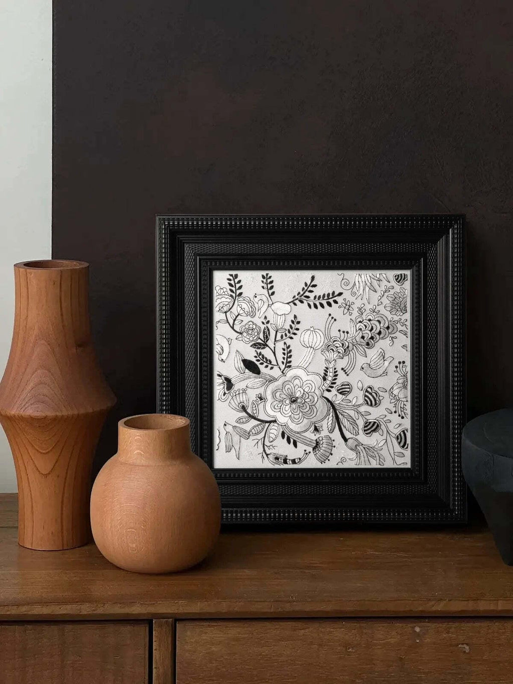 Set of 4 Modern Floral Embroidery Art, Black & White Wall Decor, Framed Textile Set, Contemporary Art, Minimalist Design