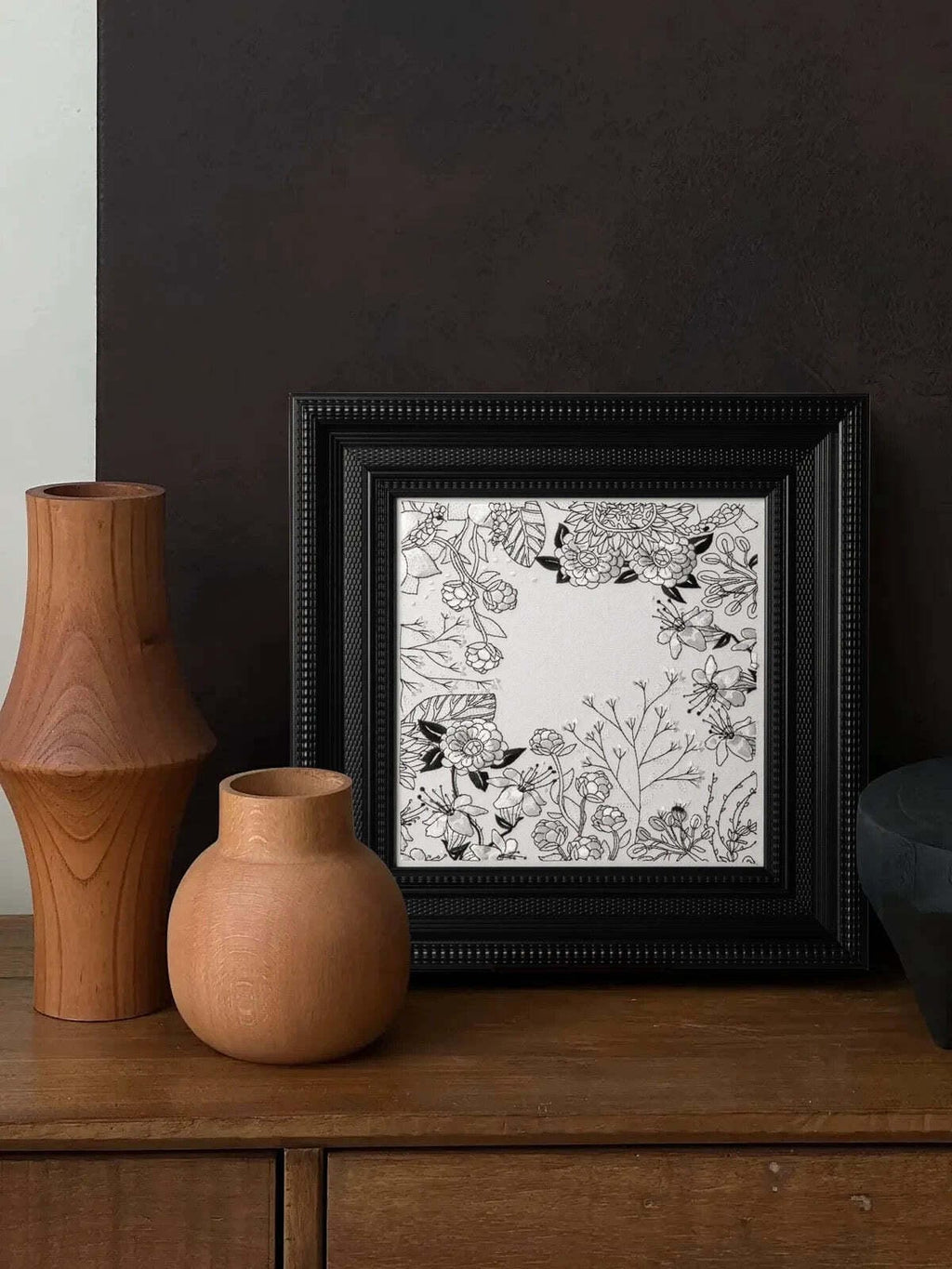 Set of 4 Modern Floral Embroidery Art, Black & White Wall Decor, Framed Textile Set, Contemporary Art, Minimalist Design
