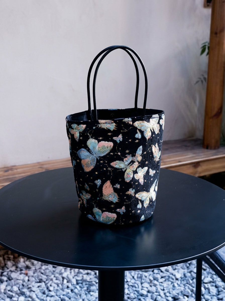 Where Butterflies Wander | Butterfly Tapestry Tote Bag, Black Floral-Inspired Handbag
