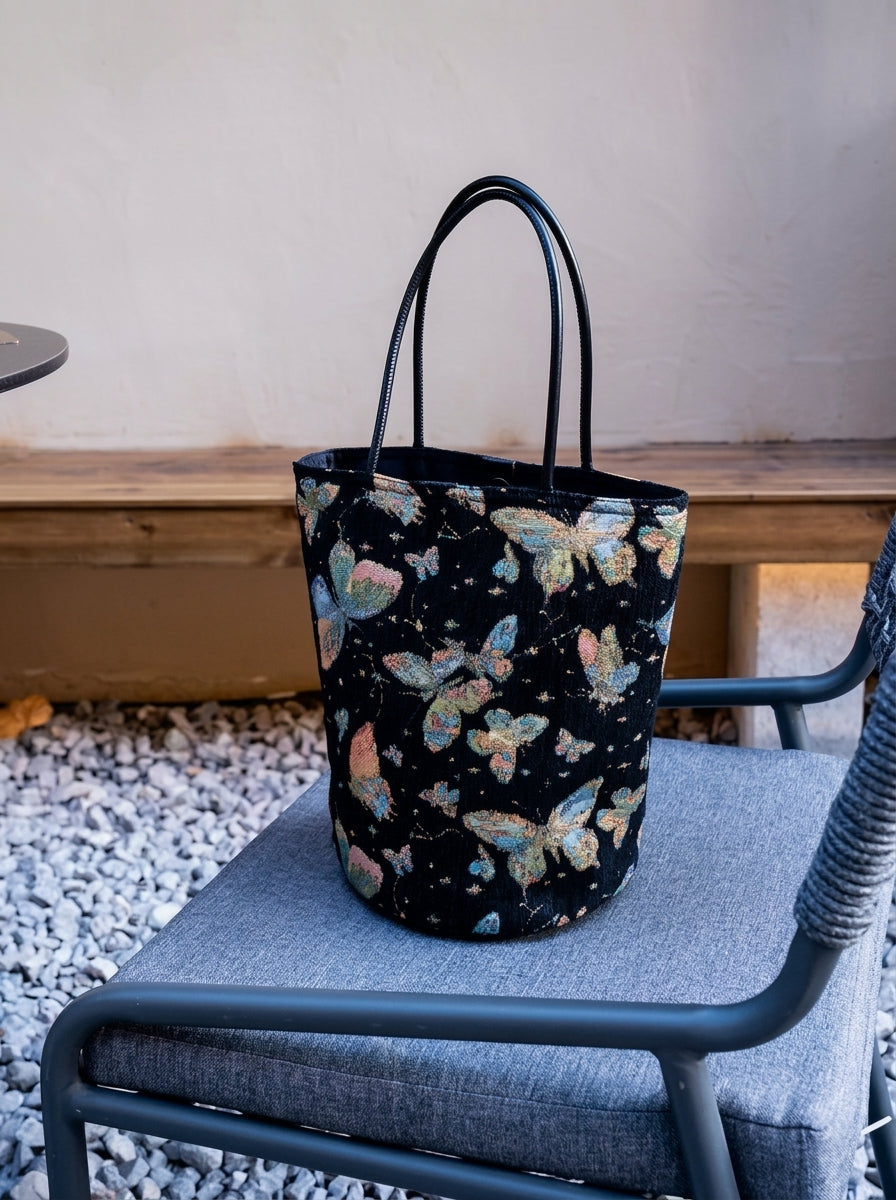 Where Butterflies Wander | Butterfly Tapestry Tote Bag, Black Floral-Inspired Handbag