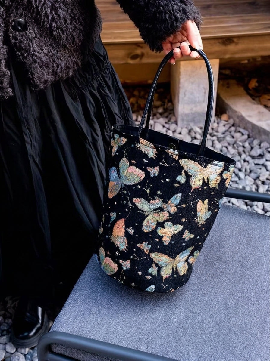 Where Butterflies Wander | Butterfly Tapestry Tote Bag, Black Floral-Inspired Handbag