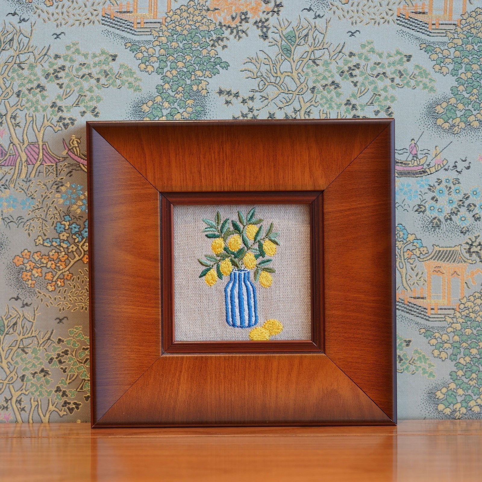 Lemon Embroidery Wall Art | Hand-framed Linen Artwork in Solid Wood Frame | French Country Home Décor