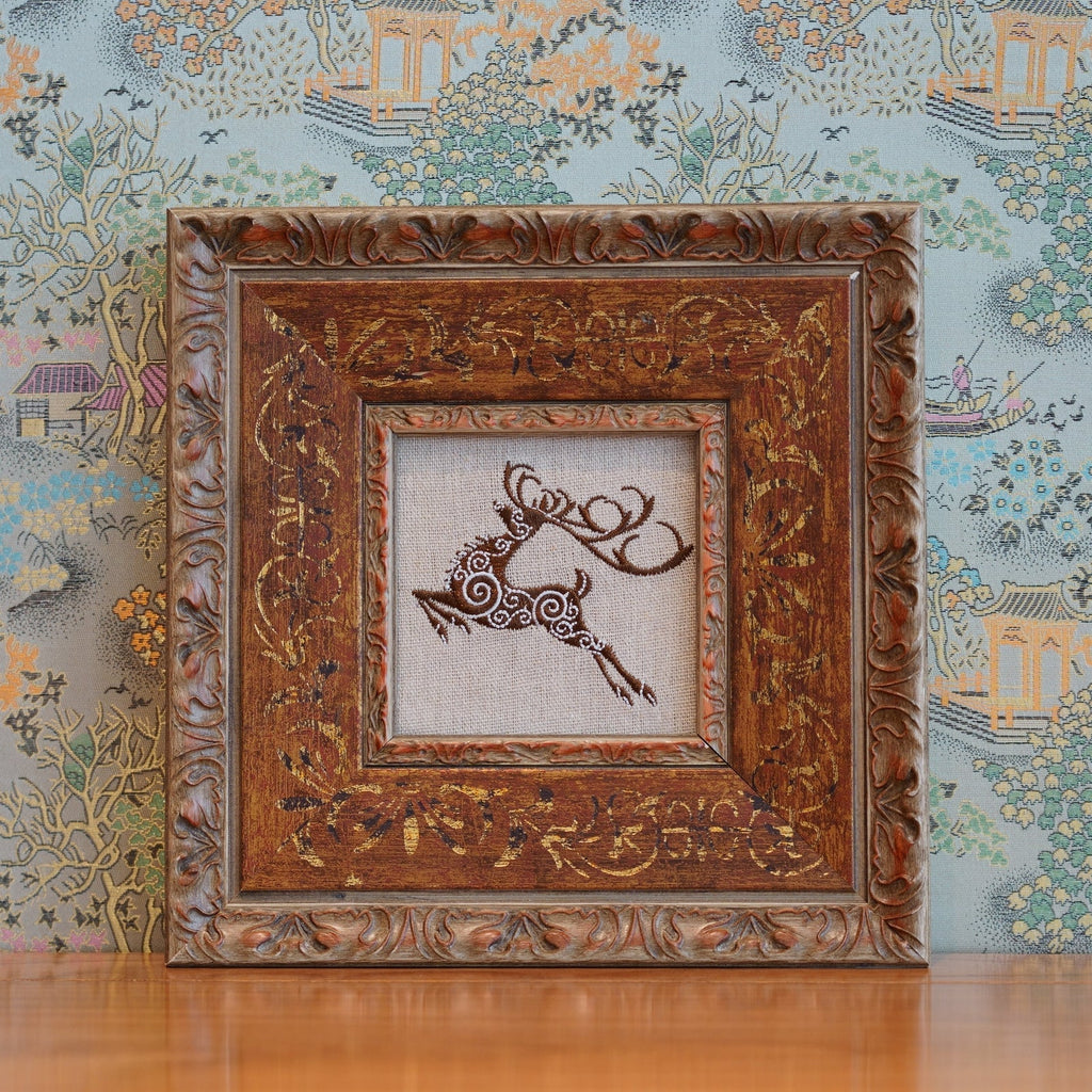 The Leaping Stag Embroidery Wall Art | Antique Gold and Brown Framed Artwork | 8.8" x 8.8"