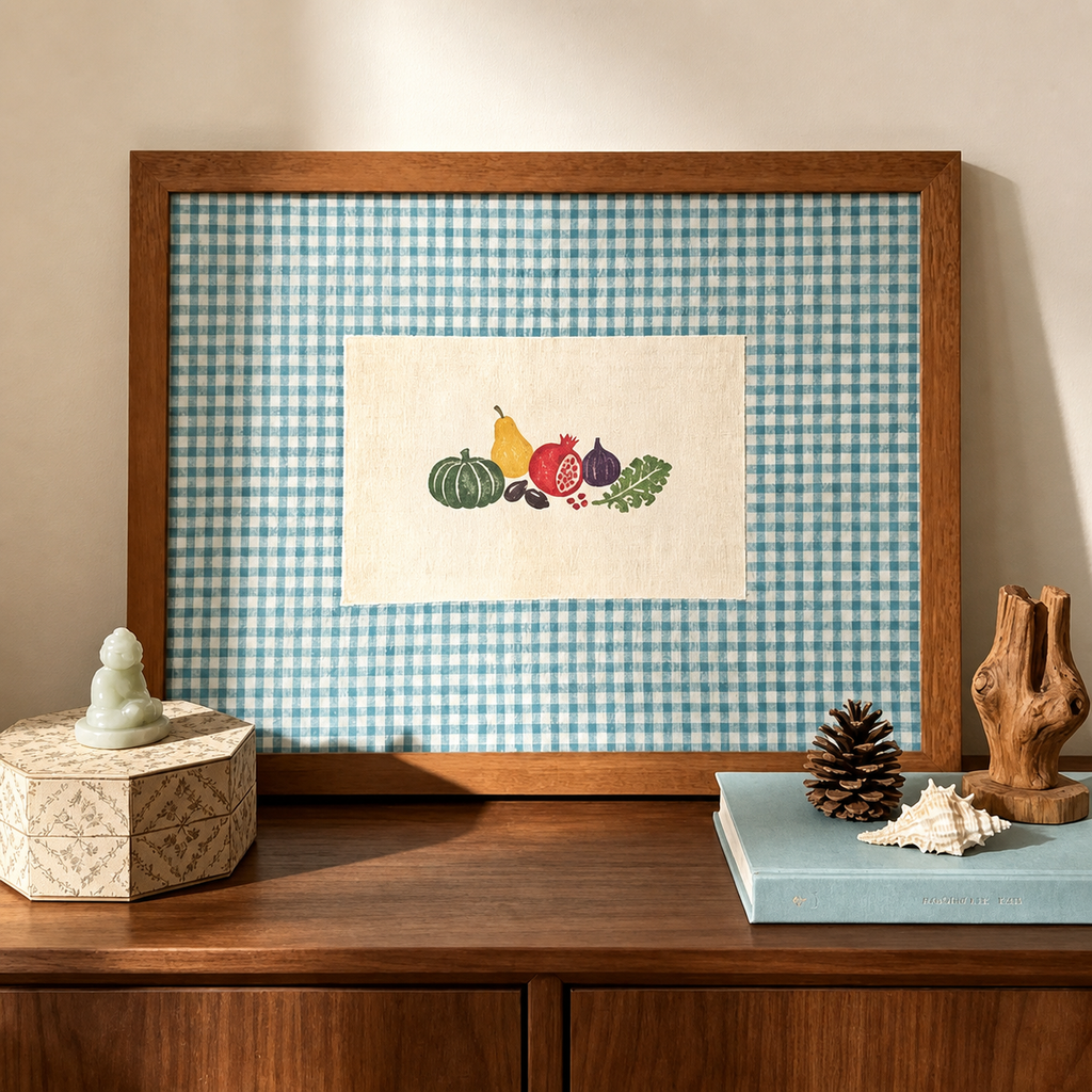 Blue gingham fruit and vegetable framed canvas print styled in a warm cabinet display