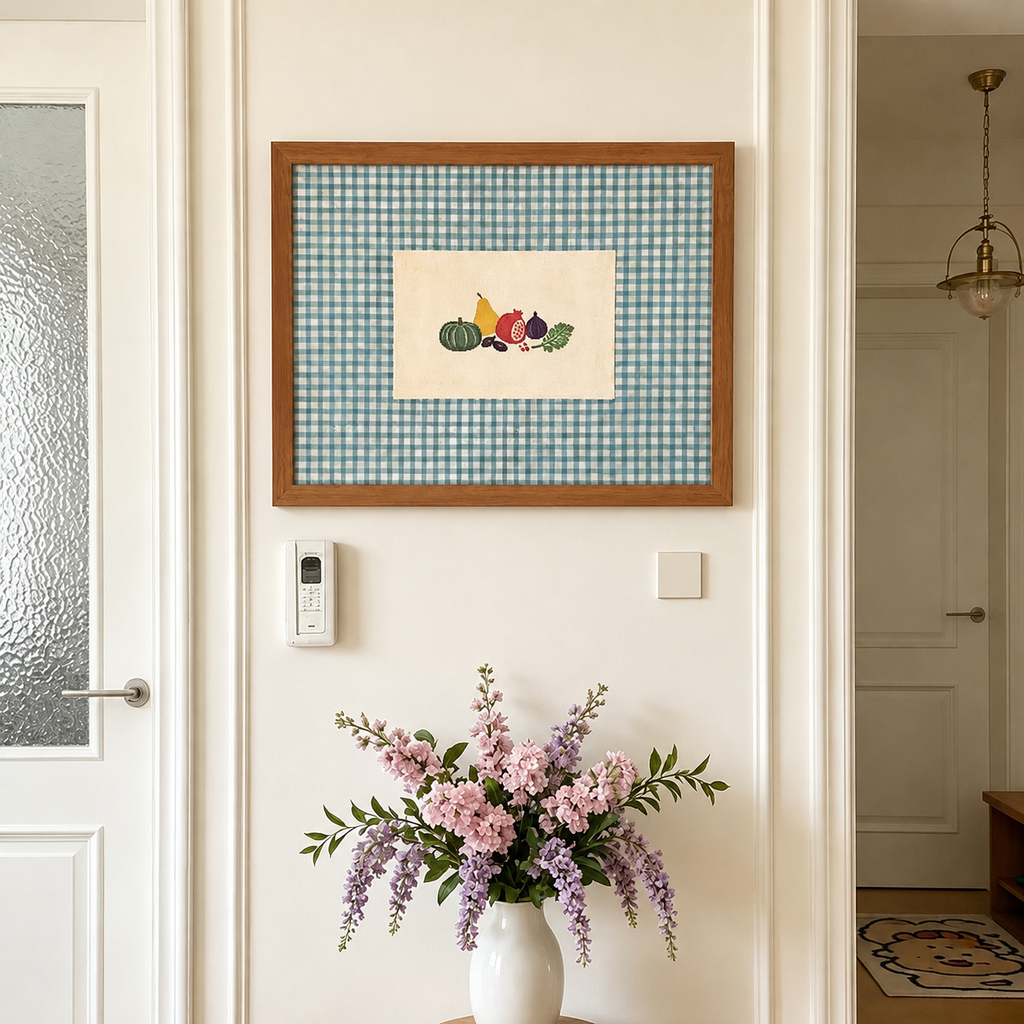 Blue gingham fruit and vegetable framed canvas print styled in an entryway above flowers
