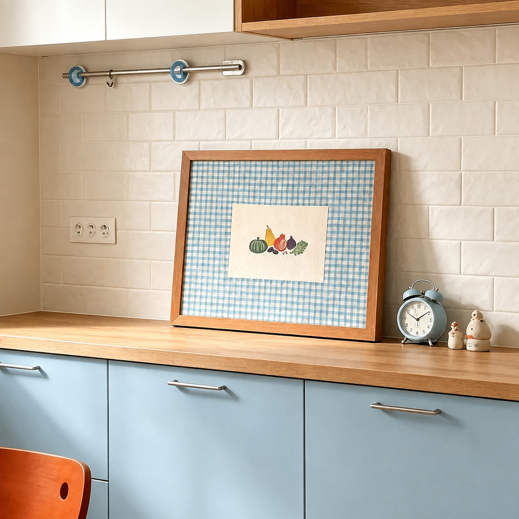 Blue gingham fruit and vegetable framed canvas print styled in a kitchen with blue cabinets