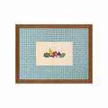 Blue gingham fruit and vegetable canvas print with a wood-look resin frame on a white background