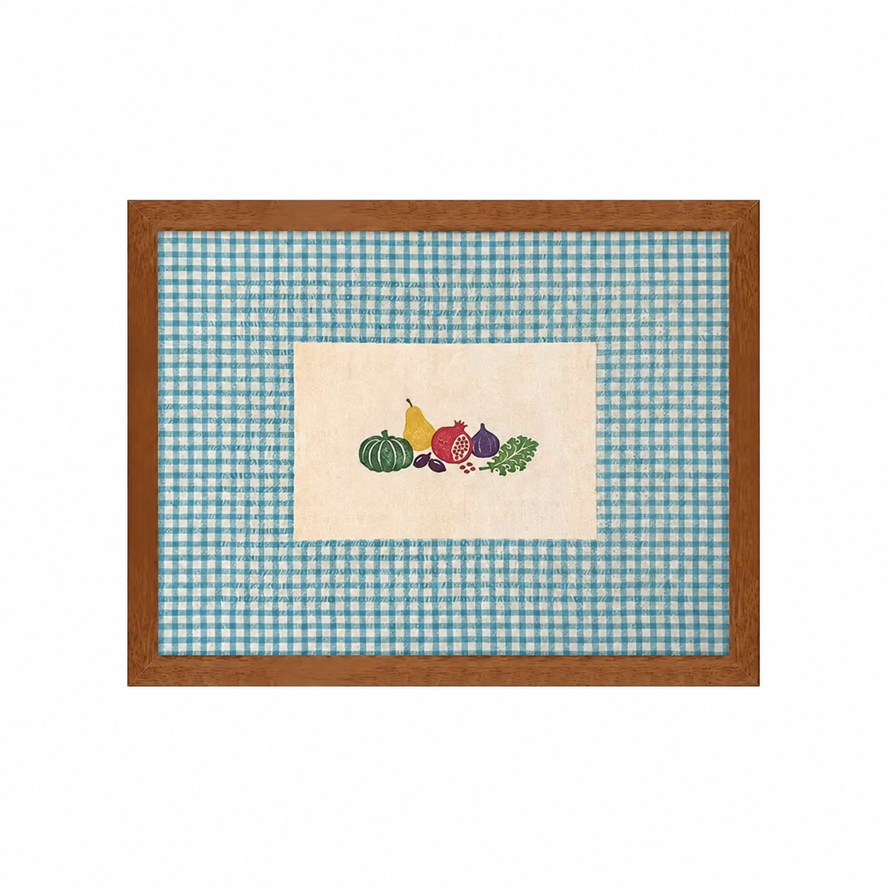 Blue gingham fruit and vegetable canvas print with a wood-look resin frame on a white background