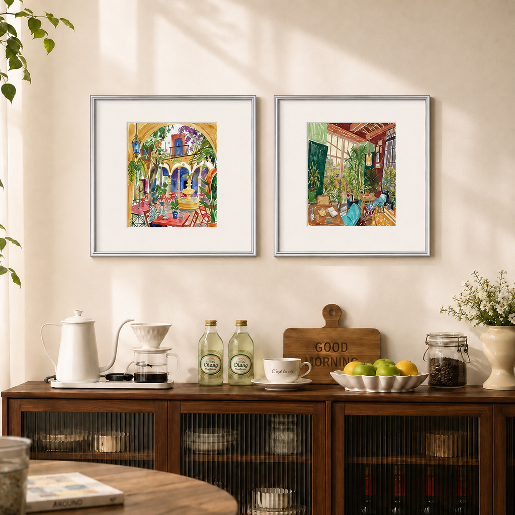 Botanical sunroom print on the right, styled beside a separate courtyard artwork not included