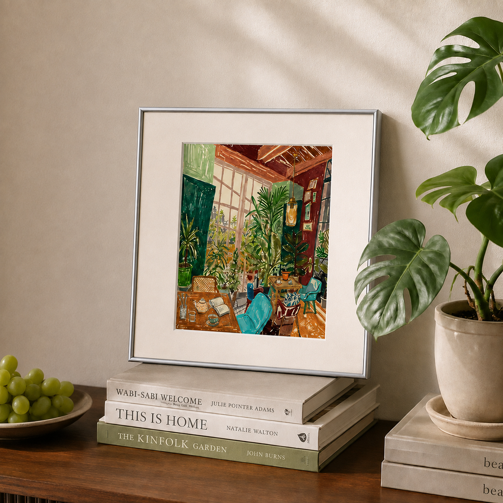 Botanical sunroom framed canvas print styled on books beside a houseplant