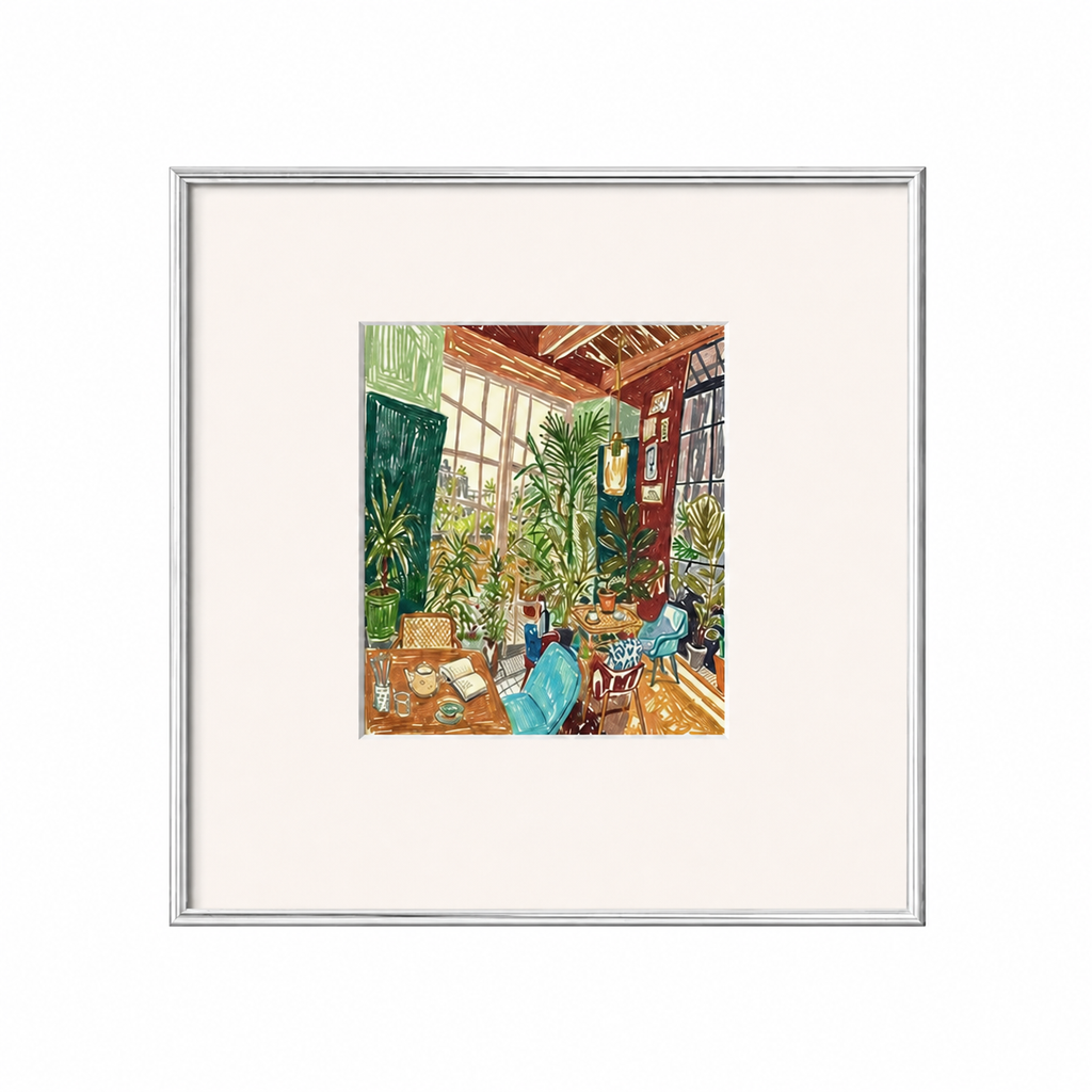 Botanical sunroom canvas print in a square silver aluminum frame, white background