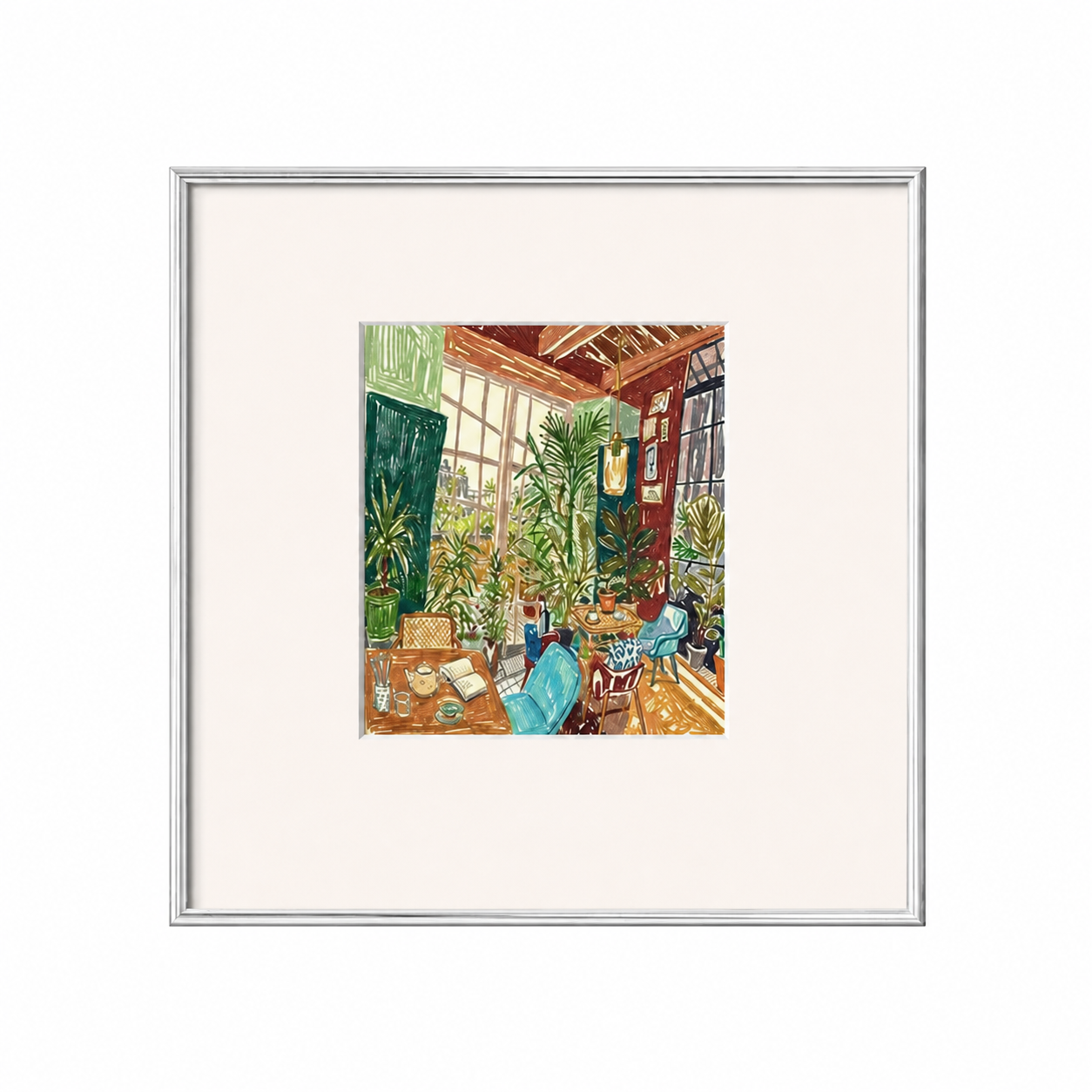 Botanical sunroom canvas print in a square silver aluminum frame, white background