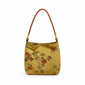 Golden Olive Floral Shoulder Bag with Brown Strap – Vintage-Inspired Jacquard Handbag