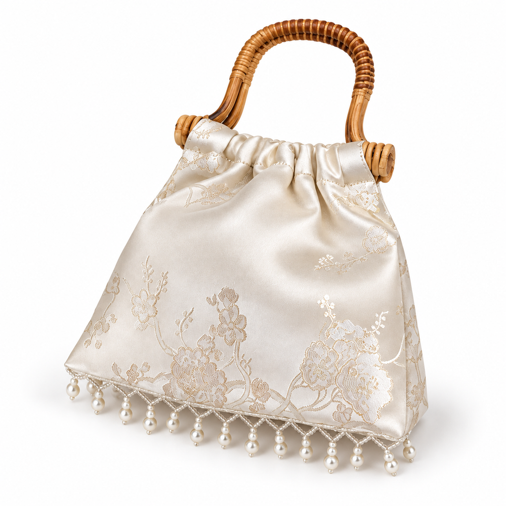 Ivory jacquard rattan-handle handbag with pearl fringe, three-quarter view on white.