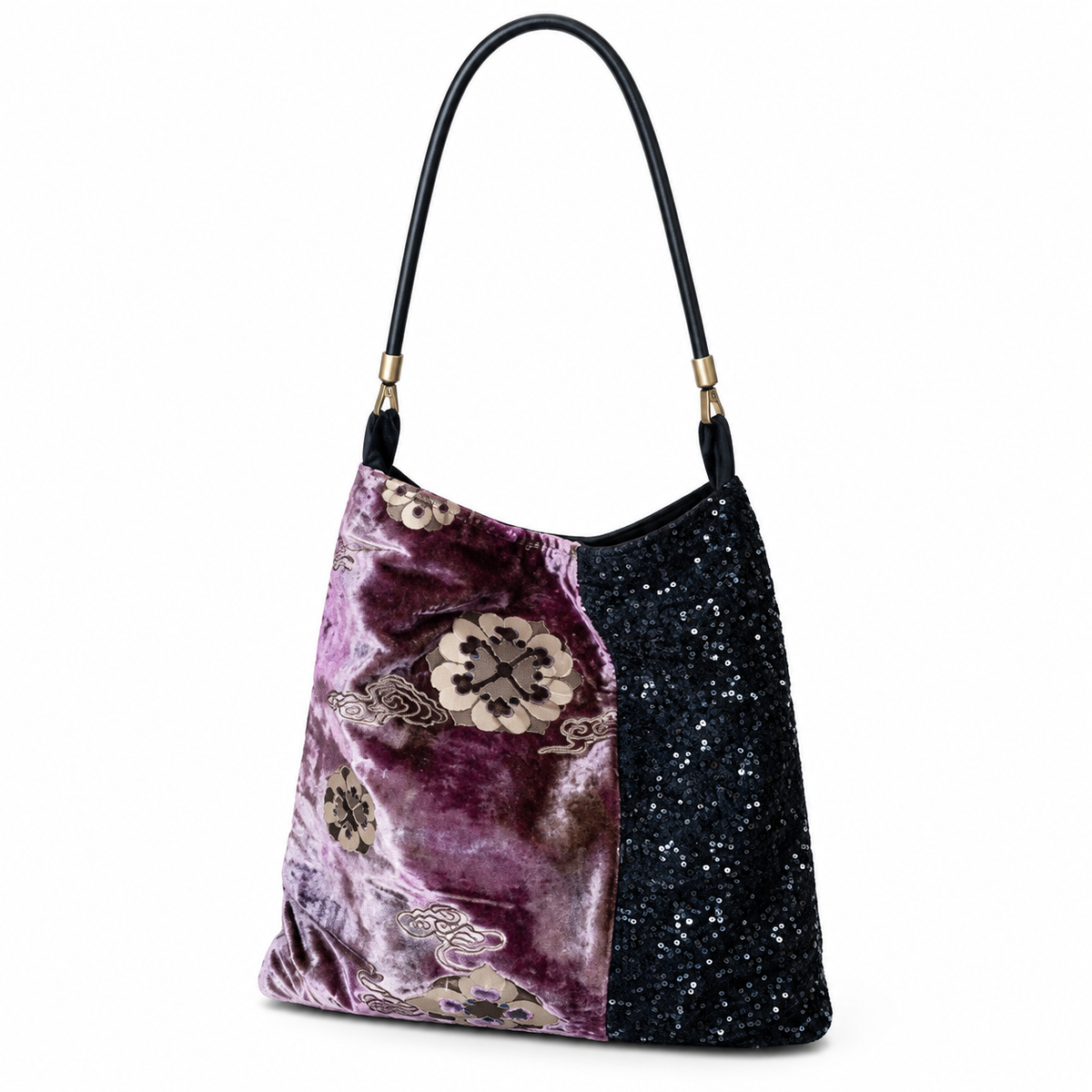 Purple floral velvet and black sequin shoulder bag, three-quarter view on white.