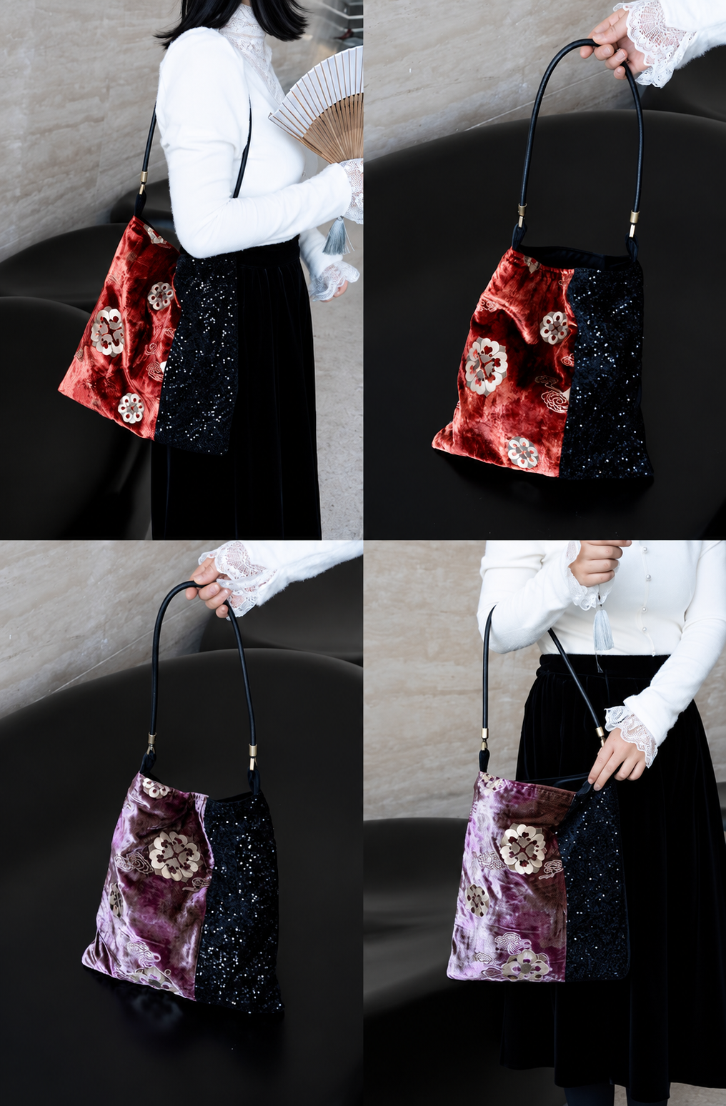 Four views of the red and purple floral velvet and sequin shoulder bags.